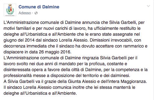 L'assessore all'Urbanistica e all'Ambiente Garbelli si è dimessa per motivi familiari e di lavoro  #opendalmine https://t.co/UUnPBtDjet